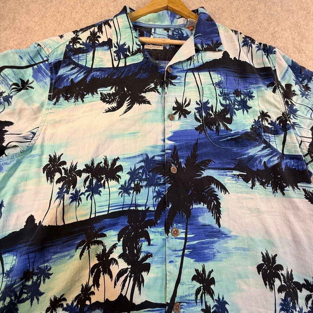 Tommy Bahama Mens XL Silk Tropical Palm Tree Island Print Camp Shirt Blue Teal - Picture 3 of 5